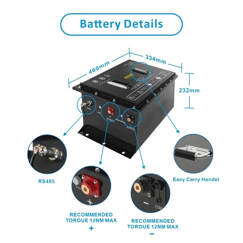 Bateria de carrinho de golfe recarregável 12.8v 24v 36v 48v 51.2v 72v 100AH Bateria de iões de lítio Lifepo4 com software inteligente BMS