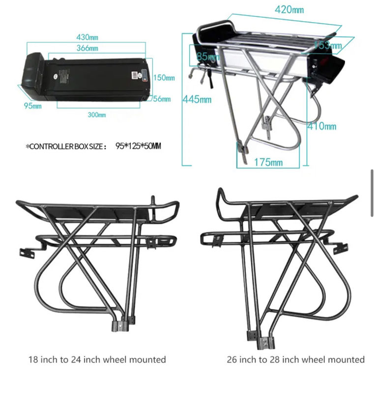 48V 36V Rack traseiro Bateria de Iões de Lítio E de Bicicleta Carregamento de Peso Personalizado Caixa Prateada