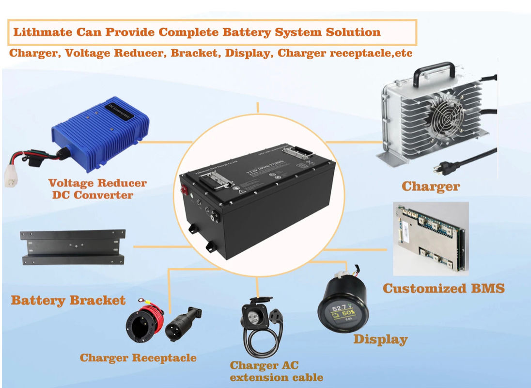 OEM ODM Recarregável 36v 48v 72v 100ah 200ah 300ah Bateria de íons de lítio Lifepo4 Baterias de carrinho de golfe